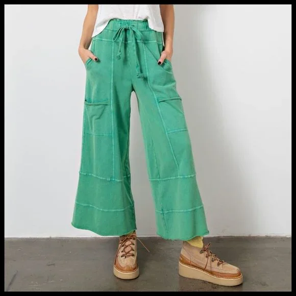 EASEL "Perfect Cargo" Terry Knit Mineral Washed Flared Leg Pants Raw Seams, Hems - Picture 11 of 15